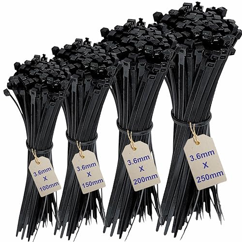 200Pcs Cable Ties Assortment -Mix Black Zip Ties Set